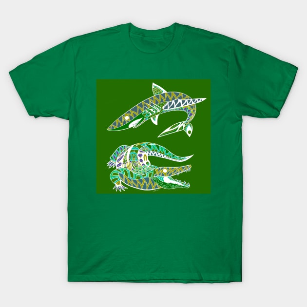 green shark and alligator in the swamp ecopop T-Shirt by jorge_lebeau